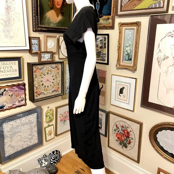80s Does 40s Phoebe Black Crepe Cap Sleeve Drop Waist Midi Dress with Crochet La - Picture 2 of 8